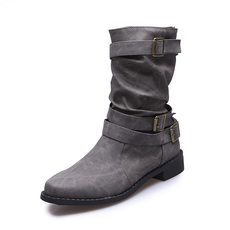 2022 new mid-tube flat bottom Martin women's autumn British style knight boots-ABOXUN
