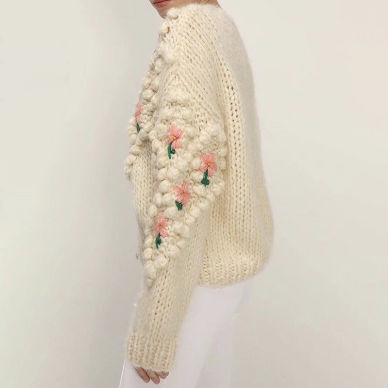 Chain Link Embroidered Floral Pearl Knit Cardigan-ABOXUN