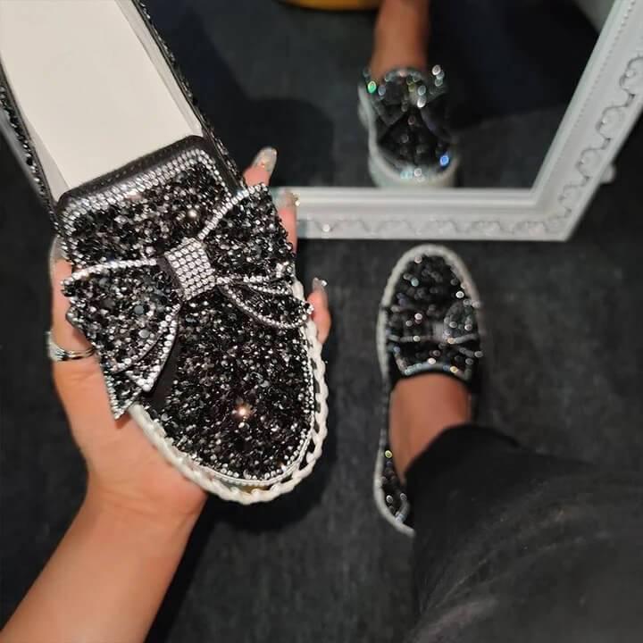 👡Women Shining Rhinestone Slip-on Loafers with Cute Bowknot-ABOXUN
