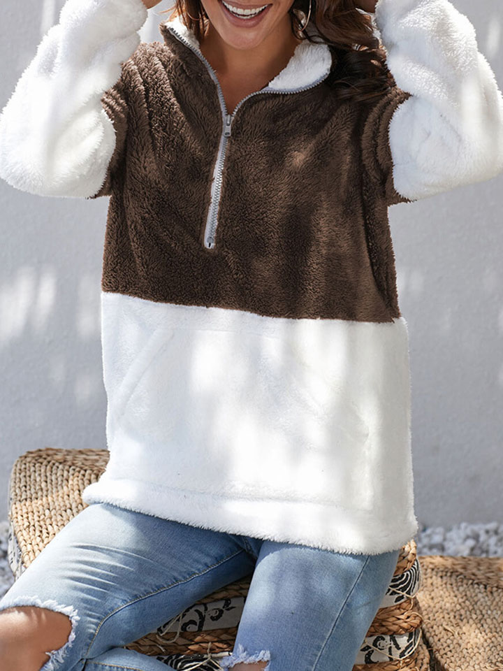 Contrast Long Sleeve Plush Pullover Sweatshirt-ABOXUN