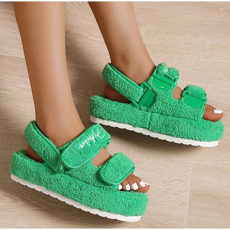 Round Toe Platform Velcro Fleece Thermal Cotton Sandals-ABOXUN