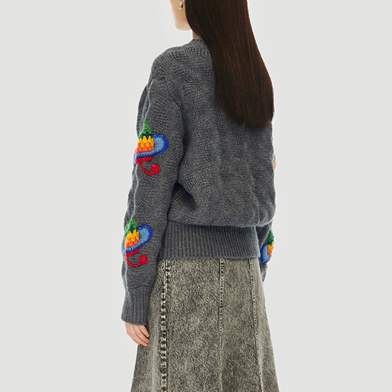 Embroidered Colorful Cat Knit Long Sleeve Cardigan-ABOXUN