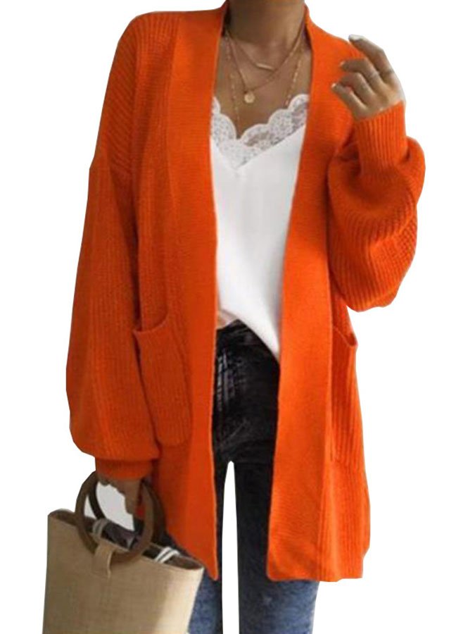 Solid Color Lantern Sleeve Sweater Cardigan-ABOXUN