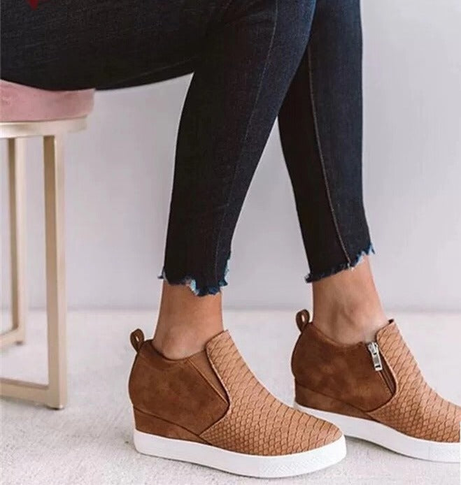 Women's Brown Boots Wedge Daily Comfy Sneakers-ABOXUN