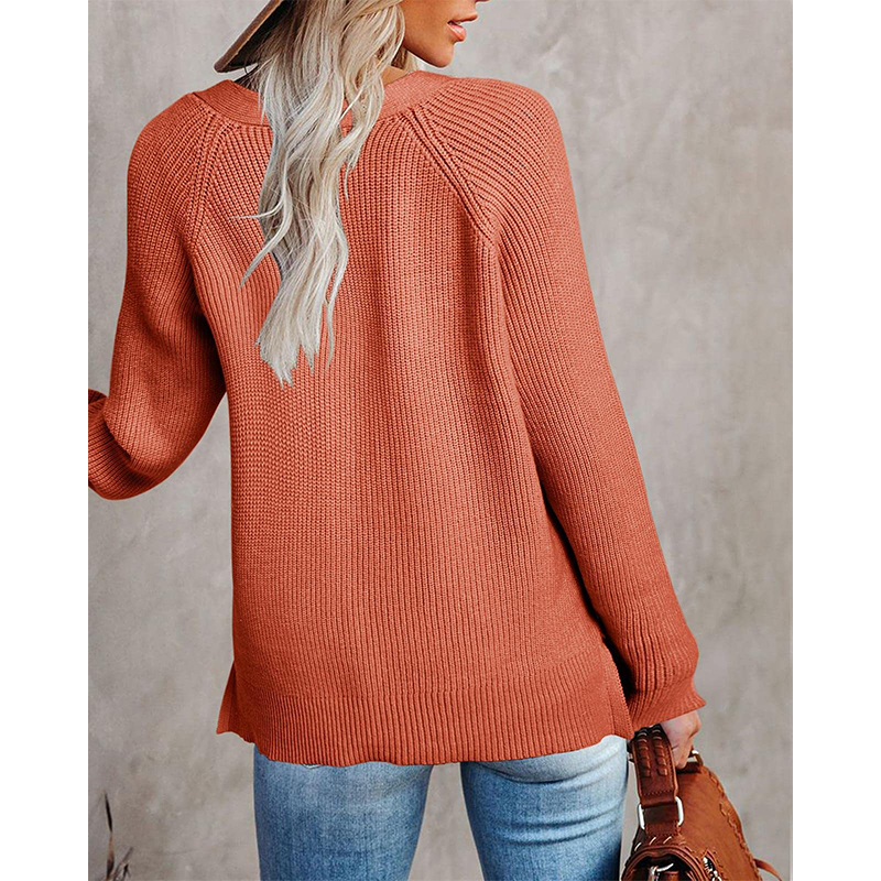 Casual V Neck Long Sleeve Sweater-ABOXUN