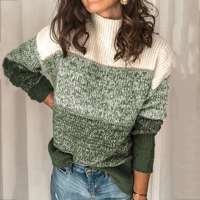 Casual Striped Panel Turtleneck Contrast Sweater-ABOXUN