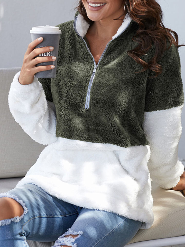 Contrast Long Sleeve Plush Pullover Sweatshirt-ABOXUN