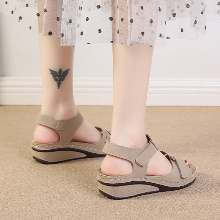2022 New Casual Round Toe Velcro Mid Heel Women Wedge Sandals-ABOXUN