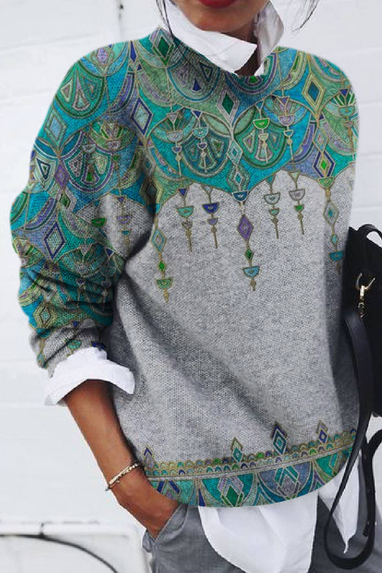 Fashion Ethnic Print Loose Long Sleeve Top-ABOXUN
