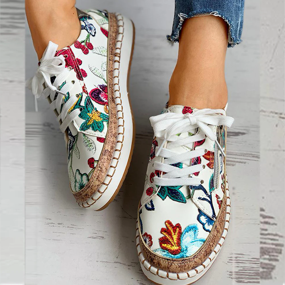 Women's Floral Printed Lace-up Canvas Sneakers-ABOXUN