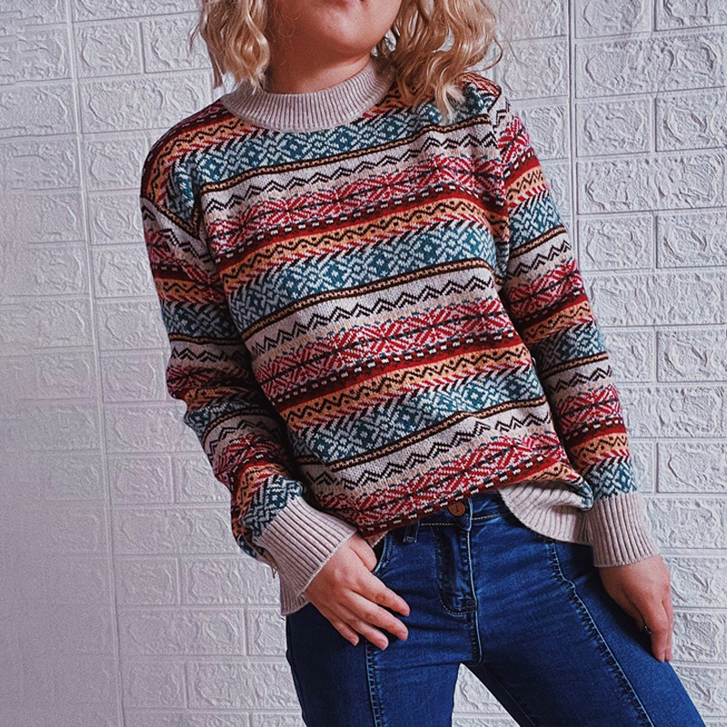 Vintage Long Sleeve Totem Striped Sweater-ABOXUN