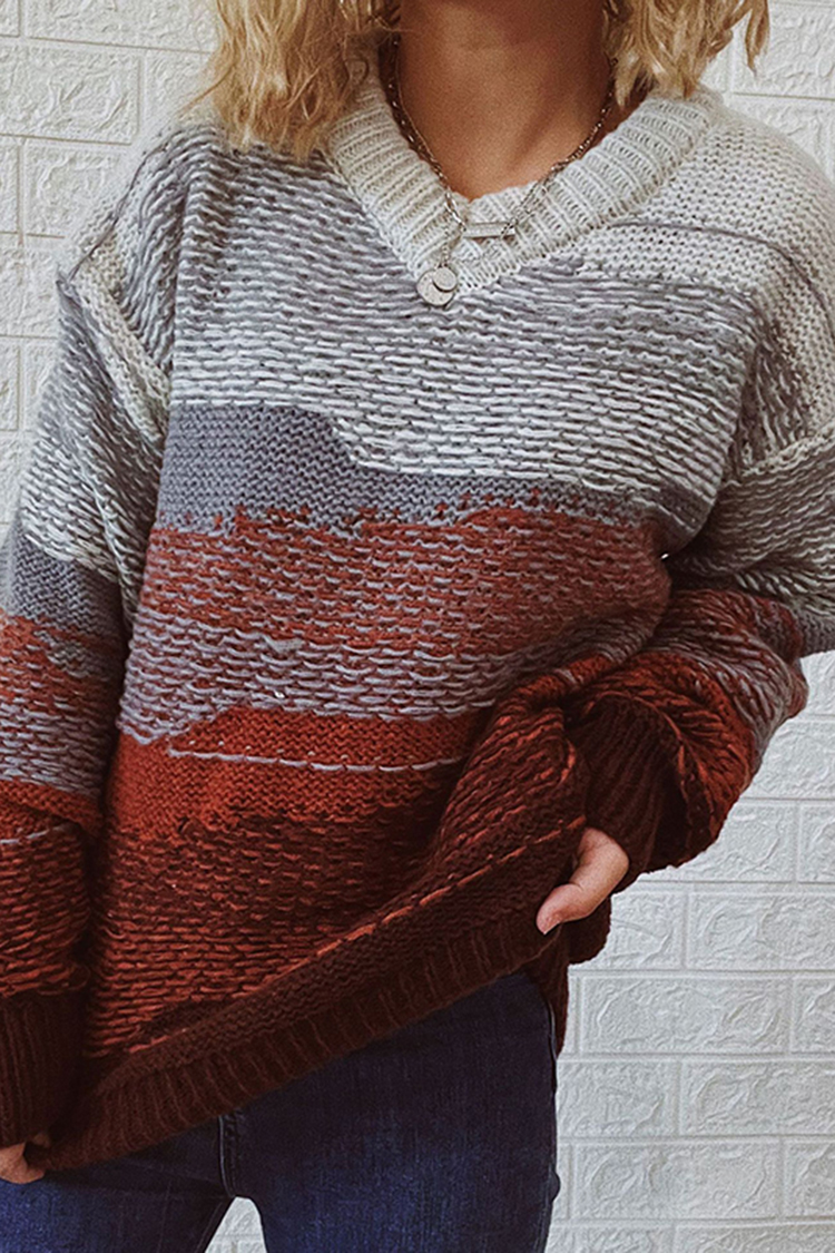 Vintage Long Sleeve Crew Neck Contrast Sweater-ABOXUN