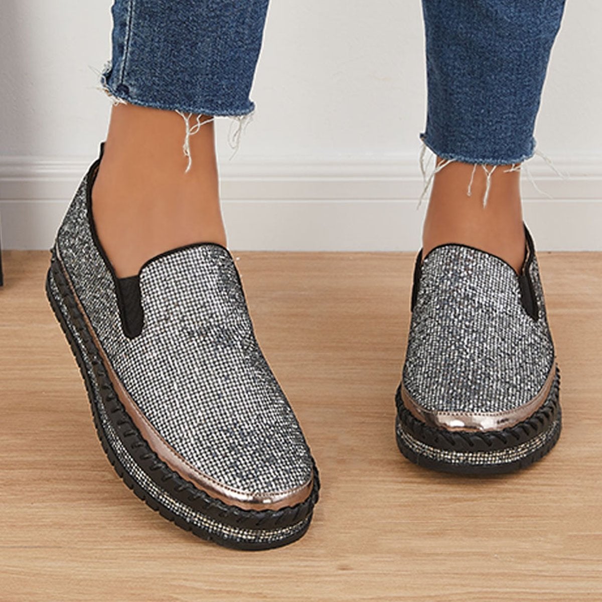 Women's Rhinestone Flatform Sneakers-ABOXUN