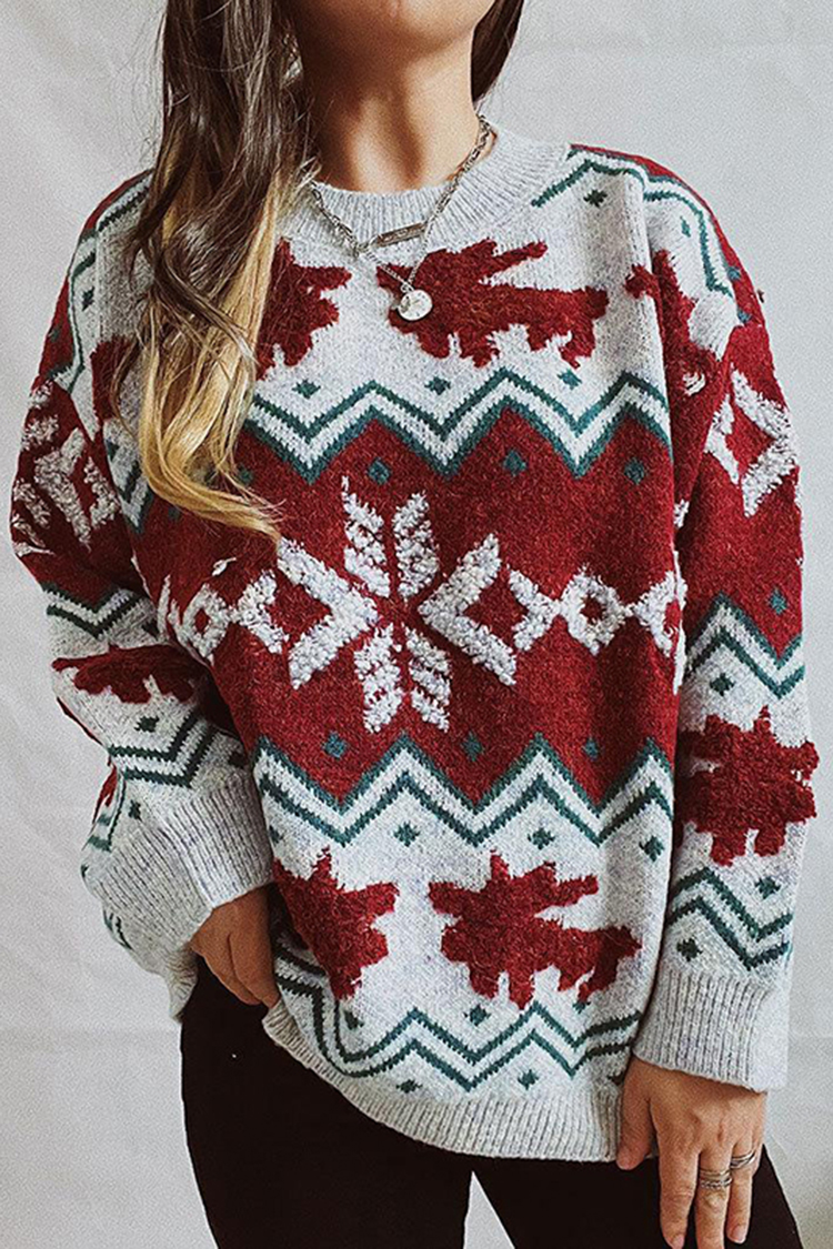 Vintage Christmas Snowflake Long Sleeve Sweater-ABOXUN