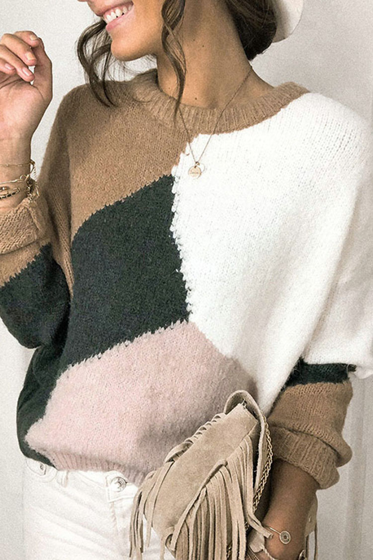 Round Neck Loose Contrast Vintage Sweater-ABOXUN