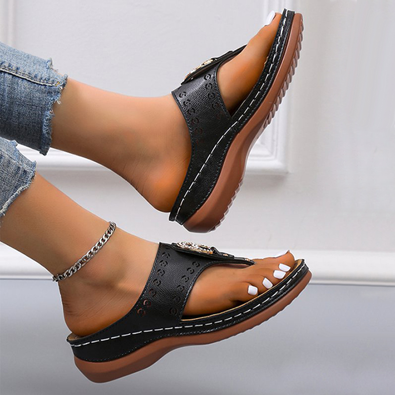 Metal Rhinestone Hollow PU Casual Flip-flops-ABOXUN