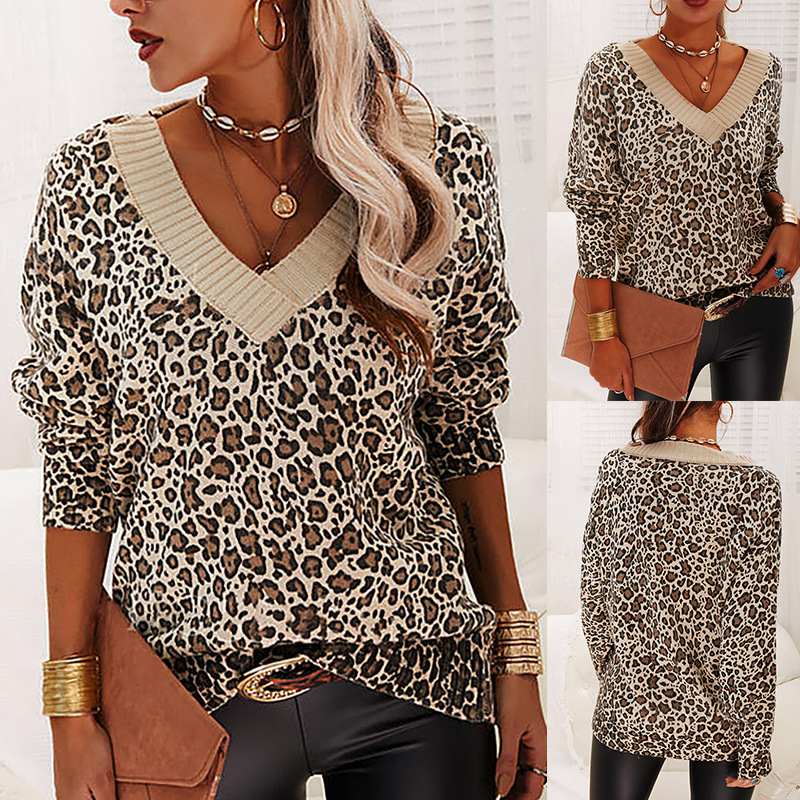 V-neck Long-sleeved Leopard-Print Sweater-ABOXUN