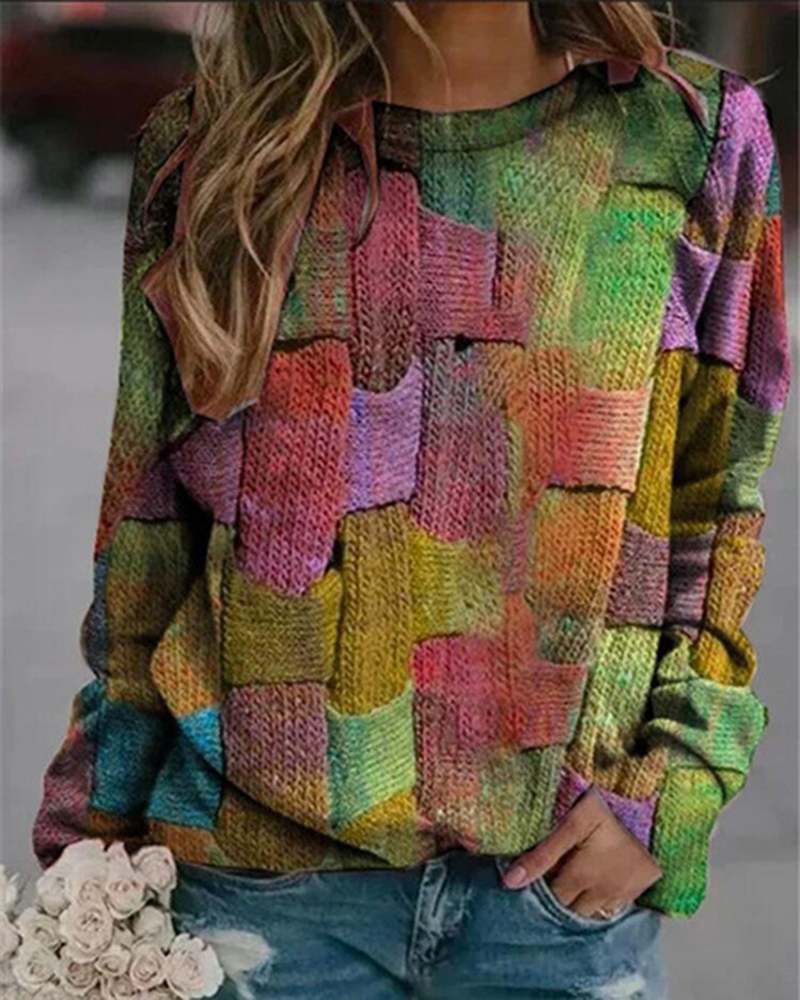 Plus Size Color Block Round Neckline Casual Shift Blouses Long Sleeve Sweater-ABOXUN