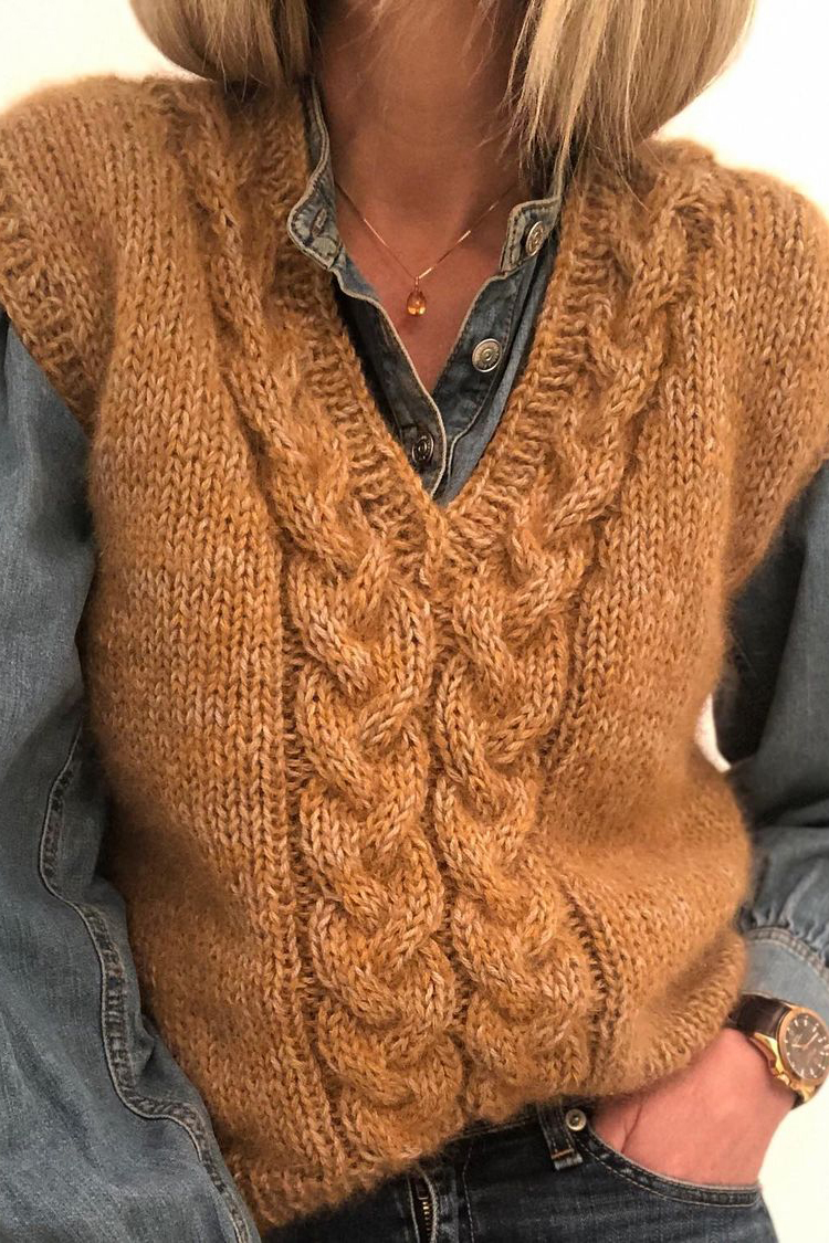 V-Neck Twist Knitted Vest-ABOXUN