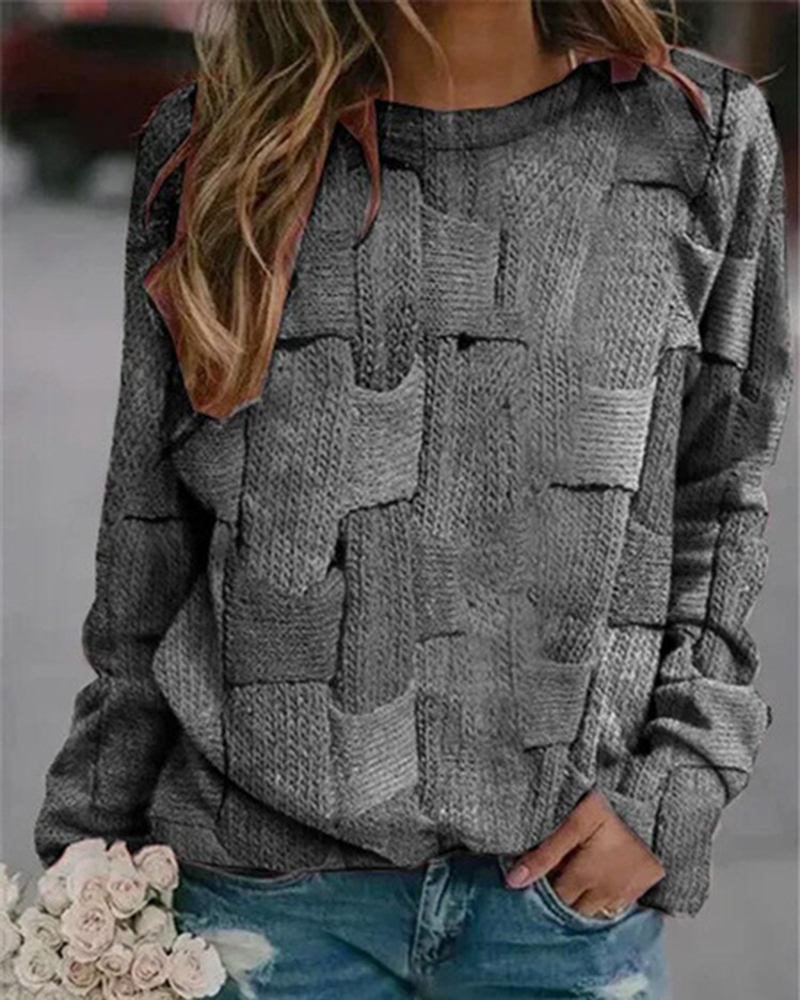 Plus Size Color Block Round Neckline Casual Shift Blouses Long Sleeve Sweater-ABOXUN