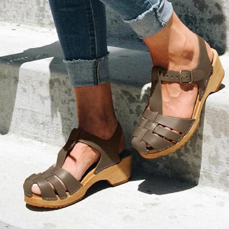 Women's Mid Heel Summer Sandals T-Strap Platform Sandals-ABOXUN