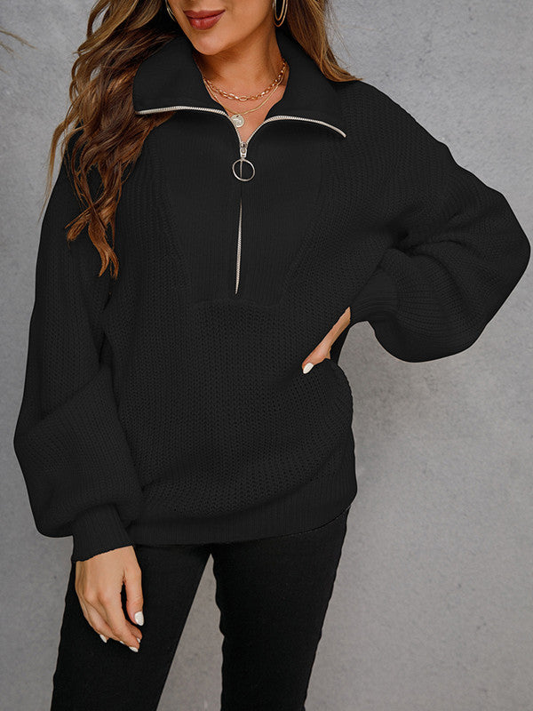 Pullover Zip Knit Lapel Solid Sweater-ABOXUN