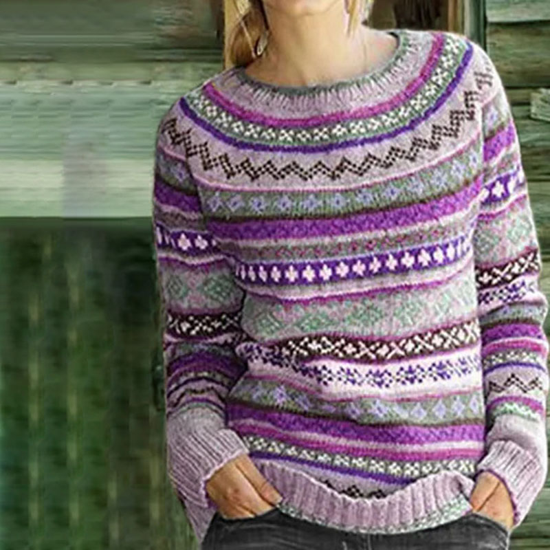 Vintage Ethnic Pattern Crew Neck Sweater-ABOXUN