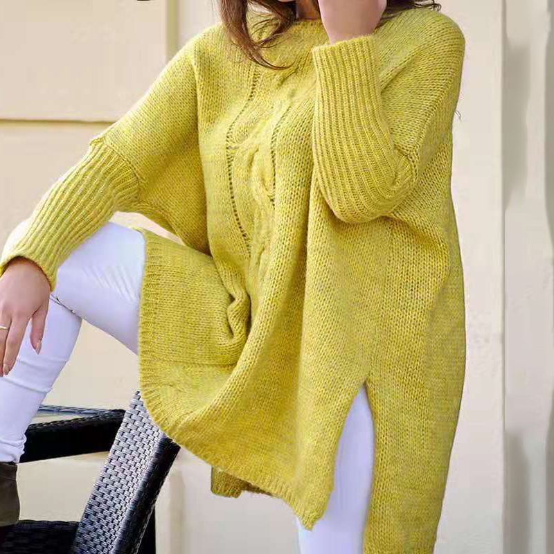 Crew Neck Loose Hem Slit Long Sleeve Knit Sweater-ABOXUN