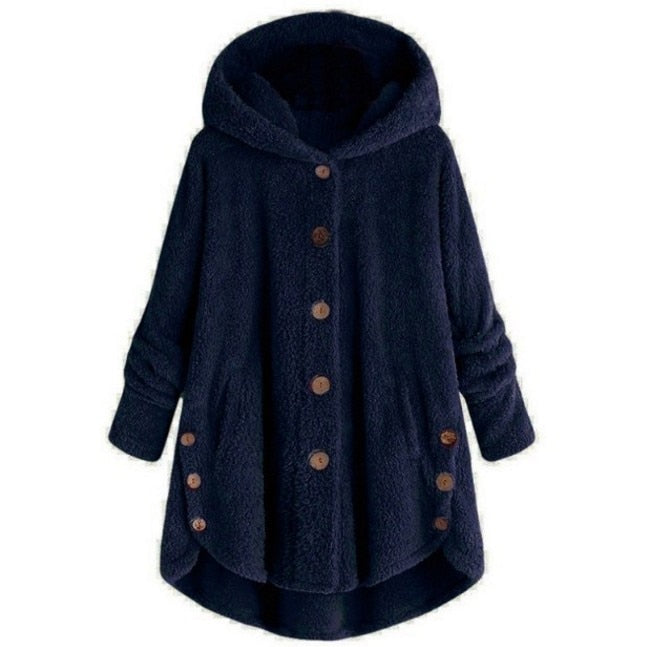 Women Warm Plus Size Button Plush Tops Ladies Hooded Cardigan Wool Coat Jacket-ABOXUN