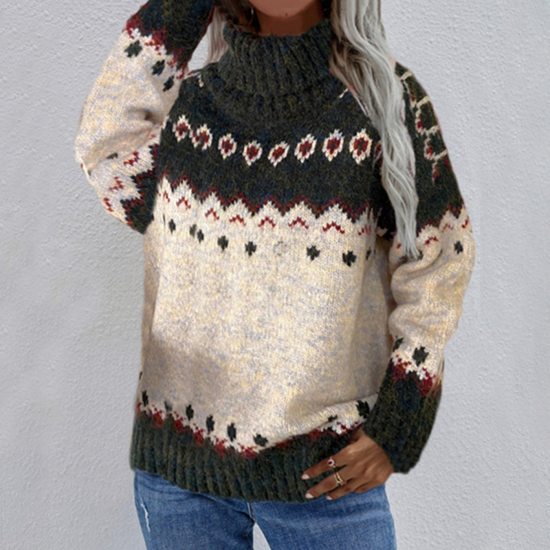 Long Sleeve Jacquard Turtleneck Thick Sweater-ABOXUN