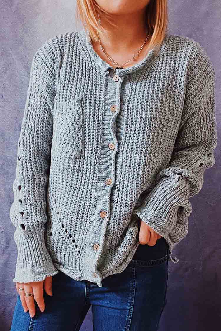 Vintage Solid Rolled Round Neck Long Sleeve Cardigan-ABOXUN