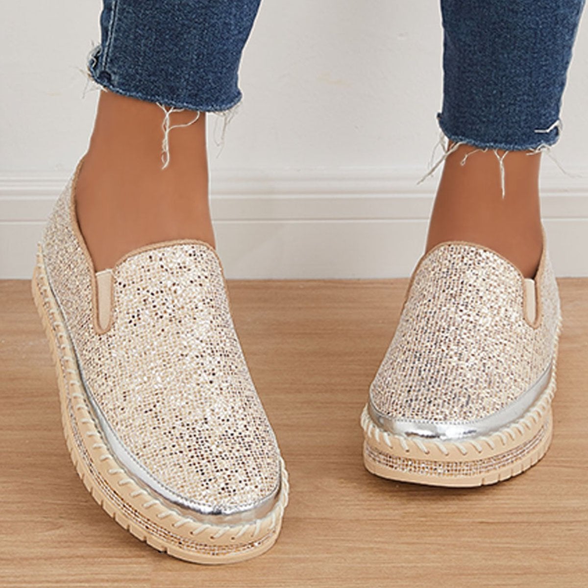 Women's Rhinestone Flatform Sneakers-ABOXUN