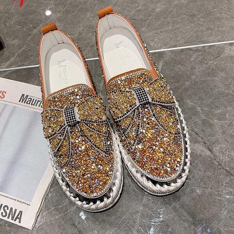 👡Women Shining Rhinestone Slip-on Loafers with Cute Bowknot-ABOXUN