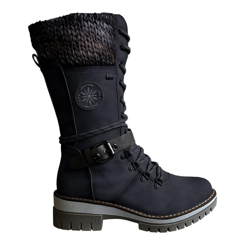 Grishay Women Buckle Lace Knitted Mid-calf Boots-ABOXUN