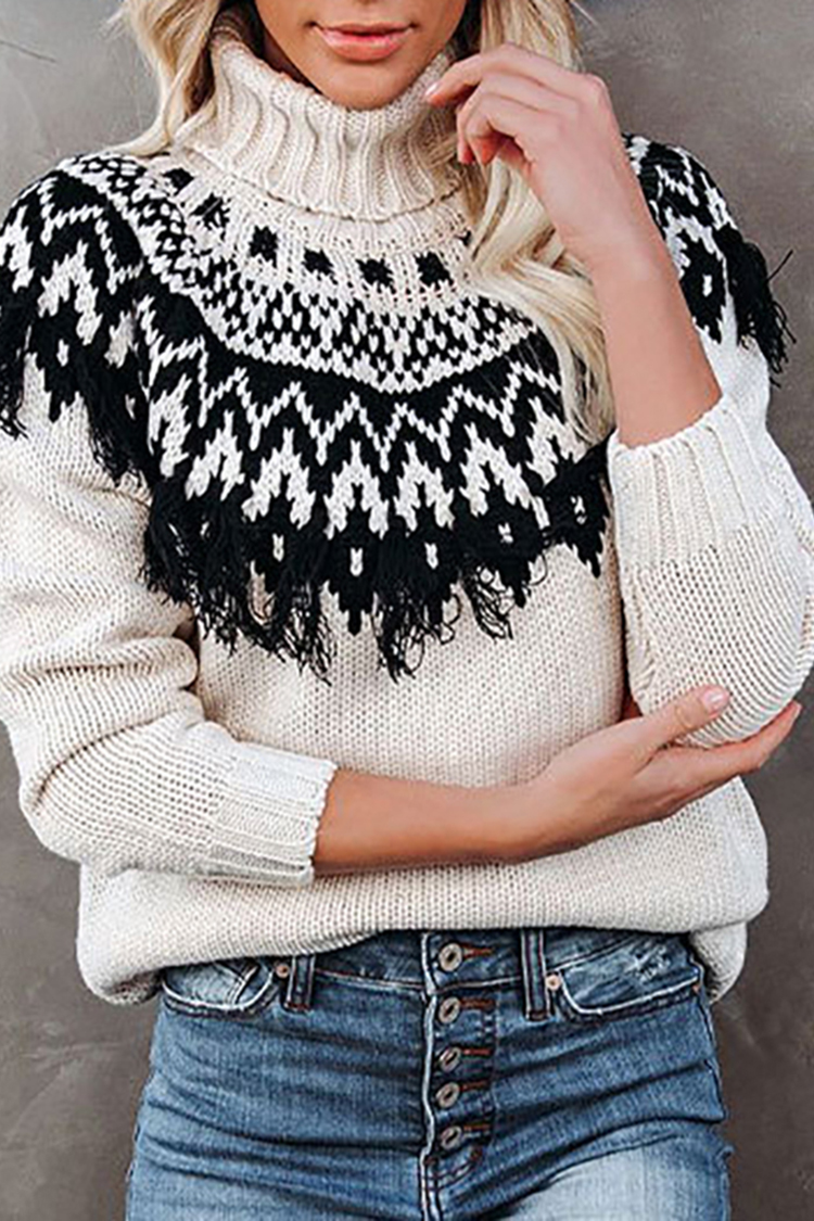 Vintage Fringed Turtleneck Pullover Loose Sweater-ABOXUN
