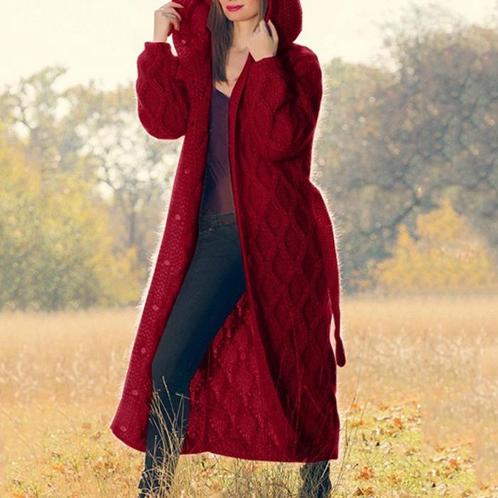 Solid Chunky knit Hooded Casual Long Cardigan-ABOXUN