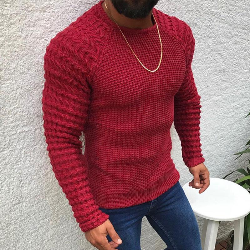 Men Solid Color Knitted Round Neck Sweater-ABOXUN