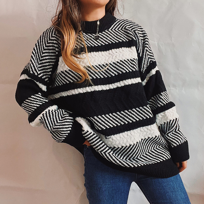 Irregular Stripe Colorblock Crewneck Long Sleeve Sweater-ABOXUN