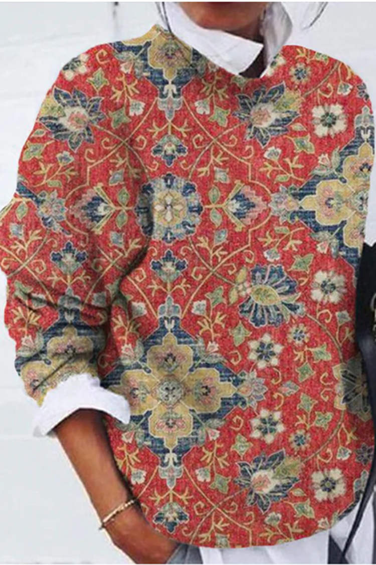 Vintage Ethnic Print Brushed Knit Top-ABOXUN