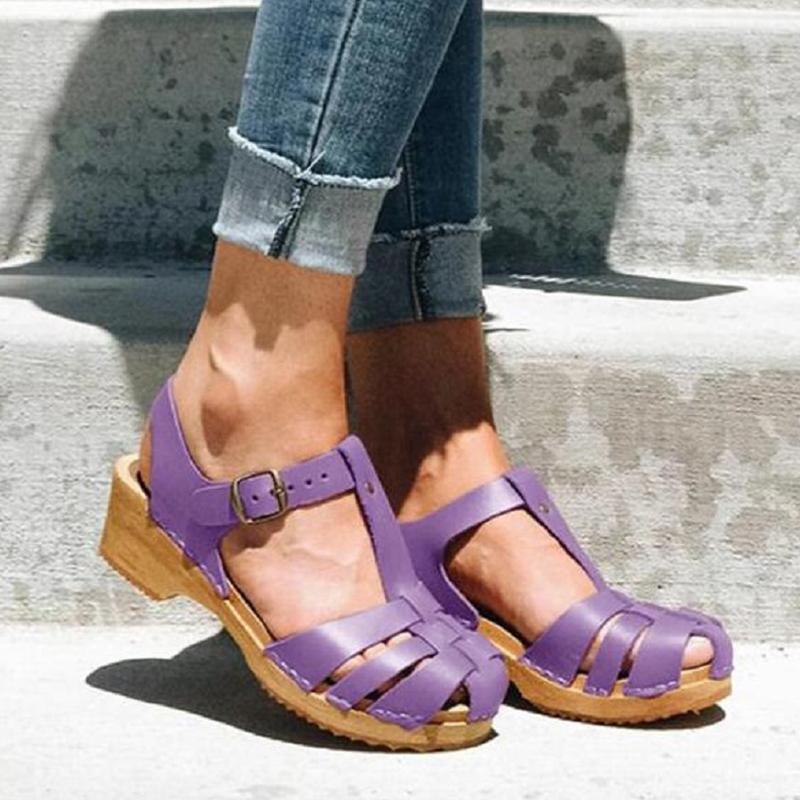 Women's Mid Heel Summer Sandals T-Strap Platform Sandals-ABOXUN
