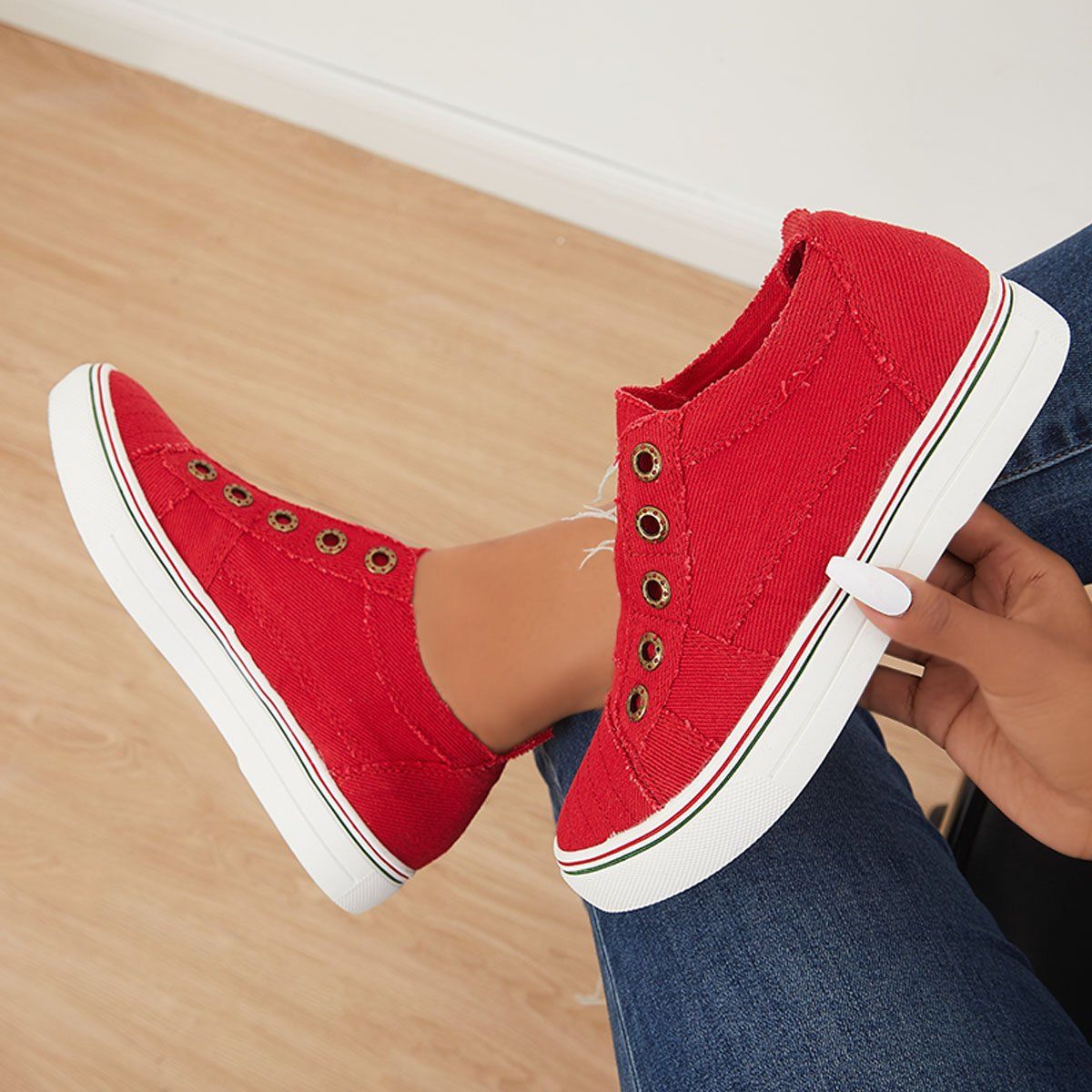 Women Red Canvas Casual Slip on Loafer Flat Sneakers Walking Shoes-ABOXUN