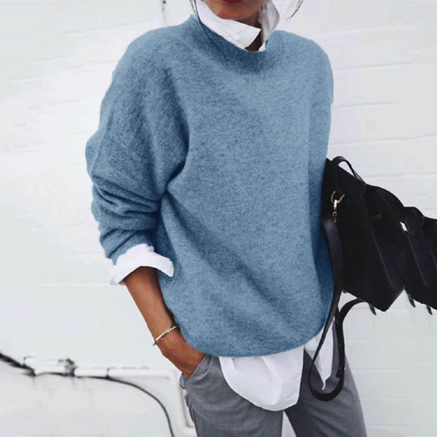 Shirt Collar Long Sleeve Fake Two Piece Sweater-ABOXUN