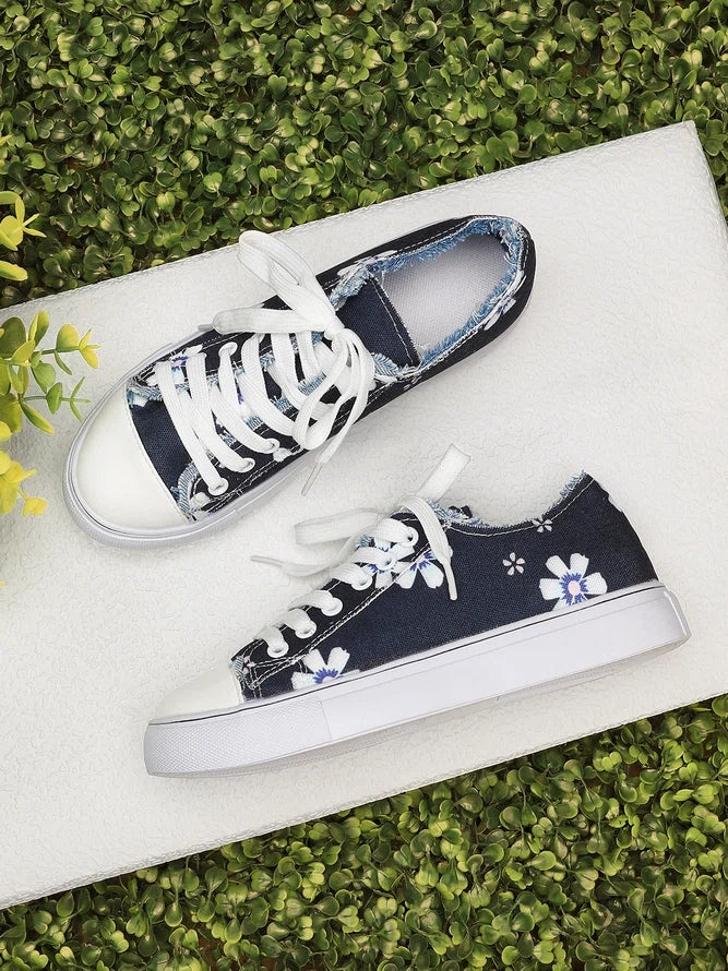 Women's Sneakers Floral Lace-up Canvas Sneakers-ABOXUN