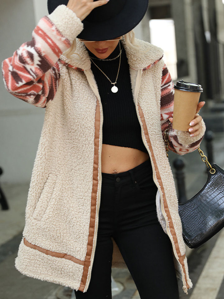 Colorblock Print Lapel Long Paneled Zip Plush Jacket-ABOXUN