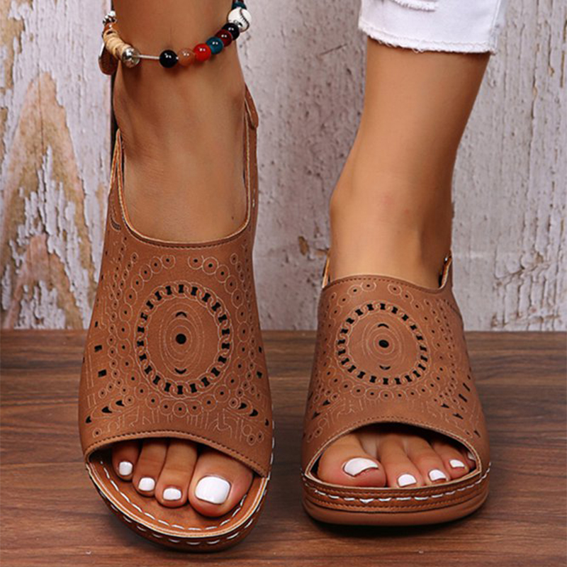 Grishay Ethnic Pattern Punched Hollow Velcro Vintage Sandals-ABOXUN