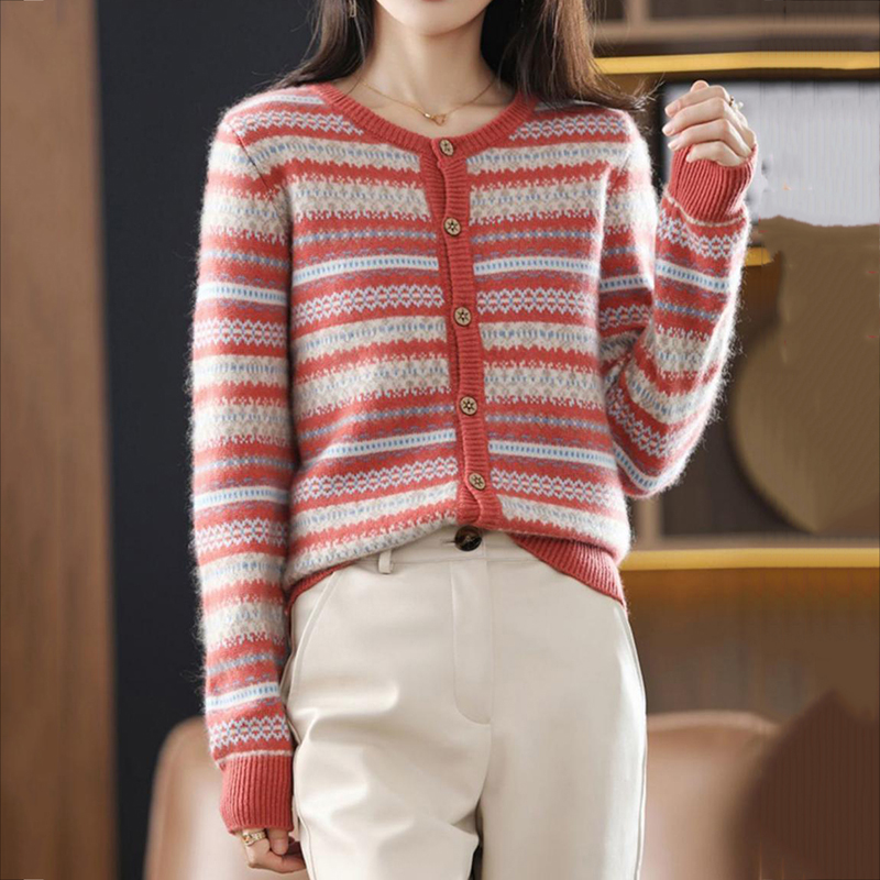 Vintage Colorblock Striped Jacquard Cardigan Sweater-ABOXUN