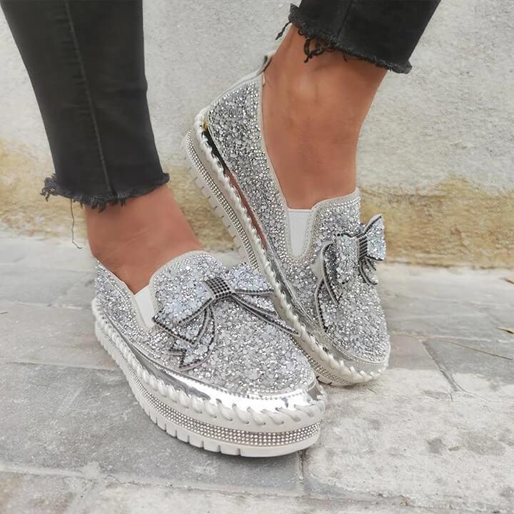 👡Women Shining Rhinestone Slip-on Loafers with Cute Bowknot-ABOXUN