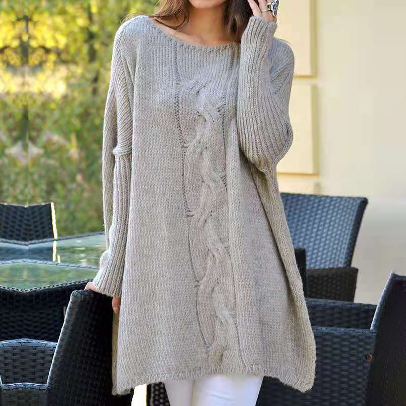 Crew Neck Loose Hem Slit Long Sleeve Knit Sweater-ABOXUN