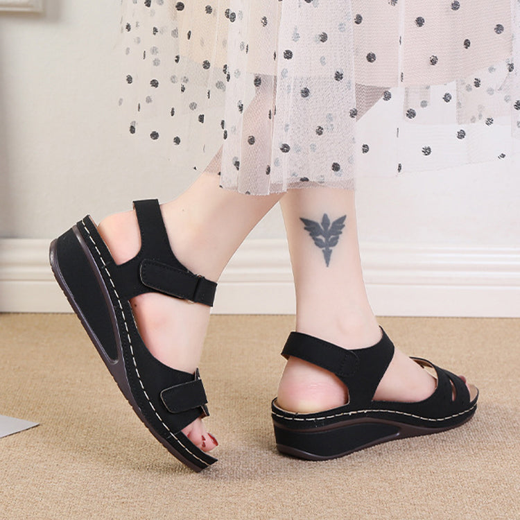 2022 New Casual Round Toe Velcro Mid Heel Women Wedge Sandals-ABOXUN