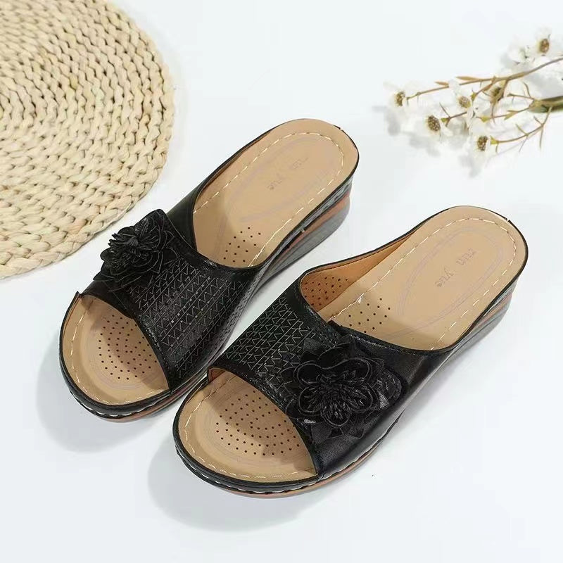 2022 Summer New Wedge Heel Fish Mouth Hollow Ladies Casual Slippers-ABOXUN